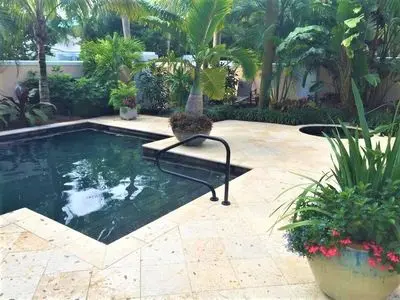 A pool with plants and trees in the background.